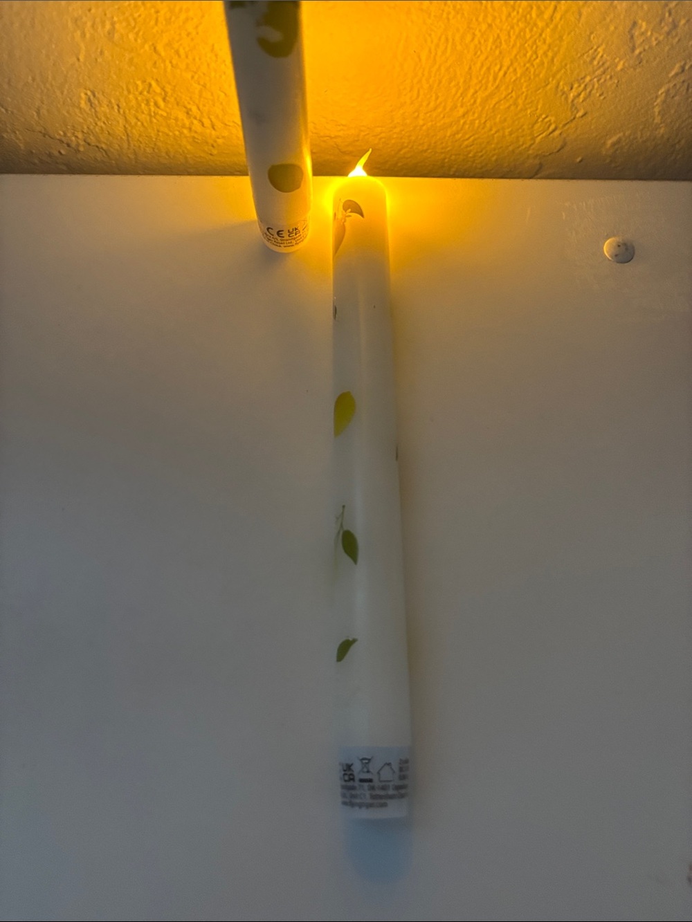 NewLED Taper Candle Pair - White with Yellow Lemon Motif. Battery
